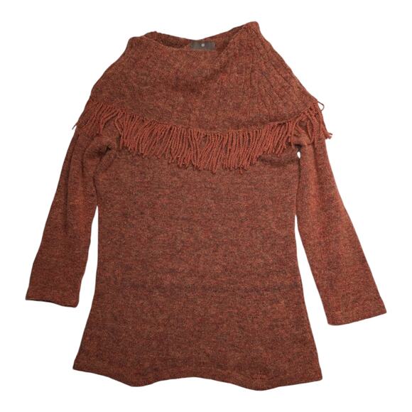 Vtg Y2K Fenn Wright Manson Burnt Orange Wool Blend Cowl Neck Fringe Sweater L - Picture 1 of 3